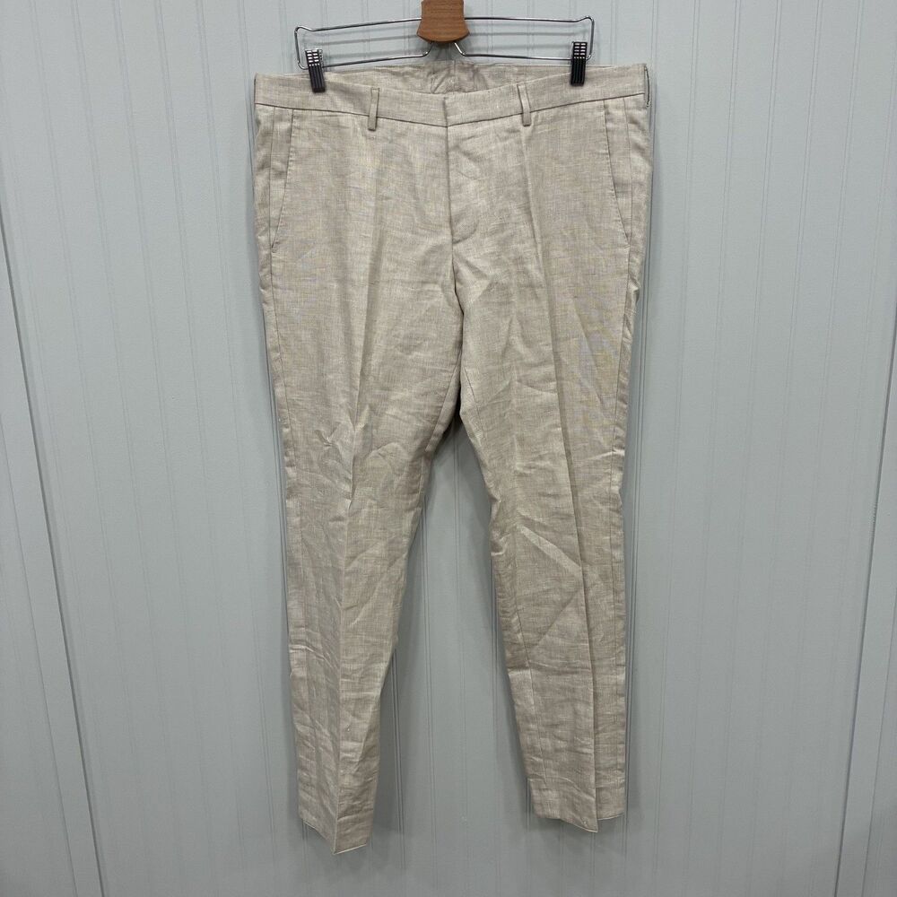 ugo Boss Mens Tan Beige 100% Linen Dress Pants Flat Front Slim Trousers 36x32